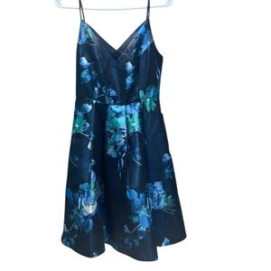White House Black Market Navy Blue & Teal Floral Spaghetti-Strap Dress